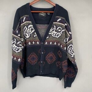 Vintage Cardigan Sweater
Mens L Geometric Pattern Navy Multi Color Button Front